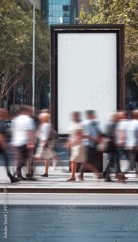 Blank advertising mockup on a busy city street with a blurred crowd.

