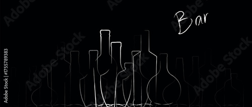 Set of alcohol bottles and glasses, outline line art, hand-drawn vector illustration, pen, brush, and chalk style, bar poster. Restaurant banner, alcohol menu, drinks, brandy, rum, cognac, scotch