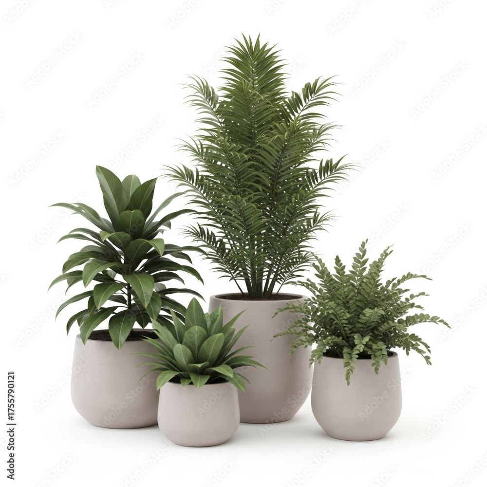 Fototapeta premium Assorted Green Plants in Gray Pots on White Background