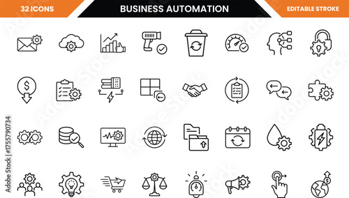 Collection of 32 black line icons representing business automation concepts on white background icon set