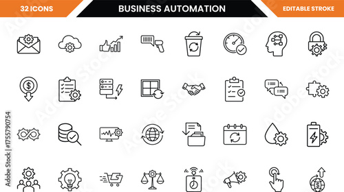Collection of 32 business automation icons with editable stroke technology workflow