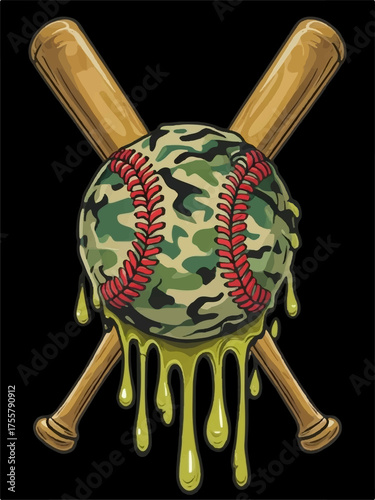 Camouflage Baseball Slime Drip with Crossed Bats on Black Background