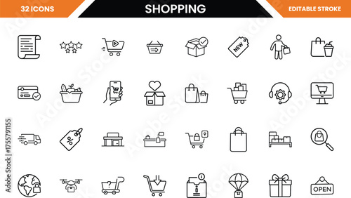 Collection of 32 black line art shopping and e-commerce icons on white background online shopping retail