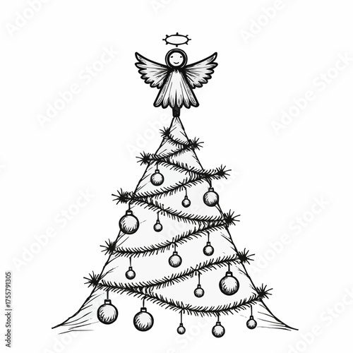 Angel tree topper surrounded by sparkling ornaments and tinsel in sketchy doodle style  