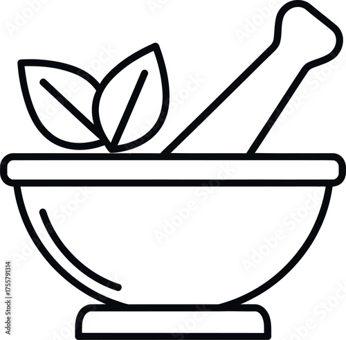  Line art icon of a mortar and pestle with leaves, representing herbal medicine or natural remedies