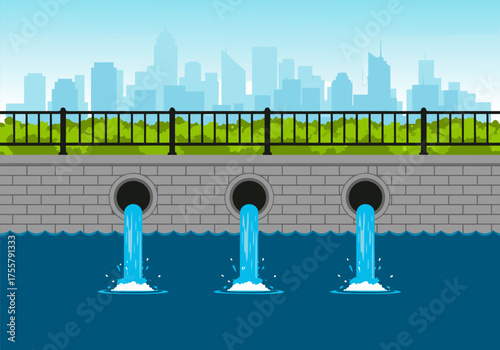 Environmental pollution illustration showing three pipes discharging wastewater into a body of water with a city skyline in the background