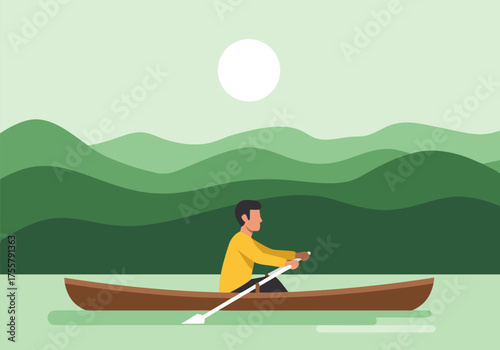 A man rowing a boat on a lake with mountains in the background under the sun