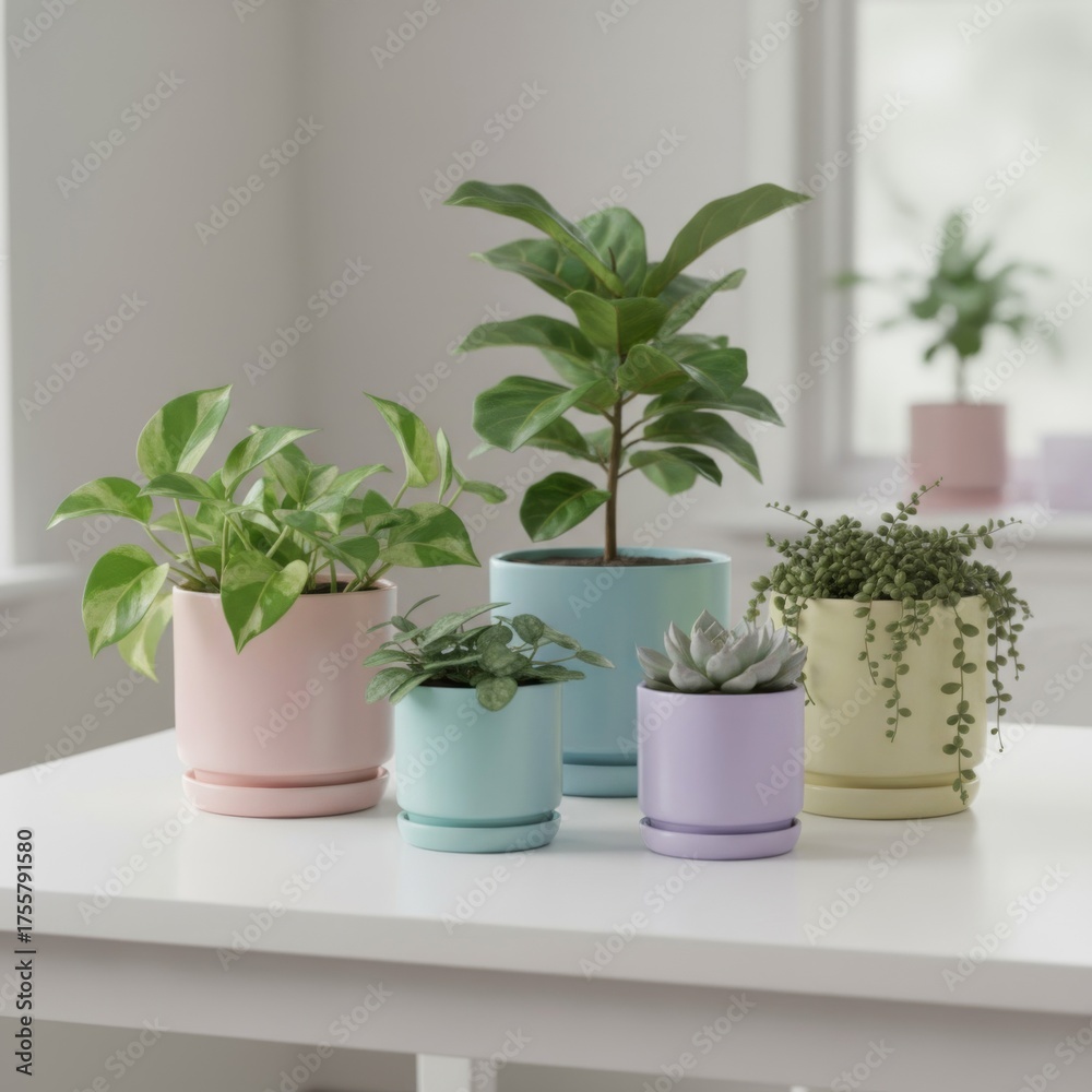 Obraz premium Assorted Potted Plants on White Table with Soft Natural Lighting
