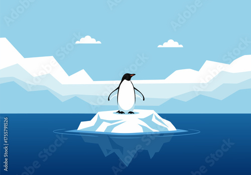 Arctic adventure a lone penguin stands tall on an iceberg in the vast, icy blue ocean under a crisp, cloudy sky, evoking a sense of wonder and exploration
