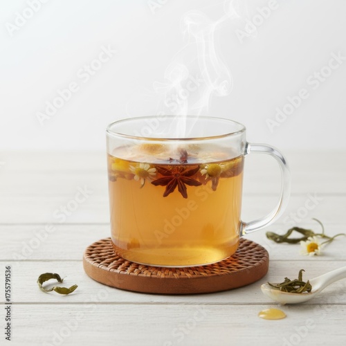 Hot Herbal Tea with Steam in Glass Mug on White Wooden Table