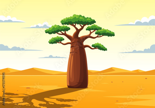 A Majestic Baobab Tree Stands Tall in the Golden Sands of the African Savannah Under a Bright, Sunny Sky