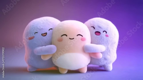 Cute plush toys gather together in a colorful setting for a joyful celebration