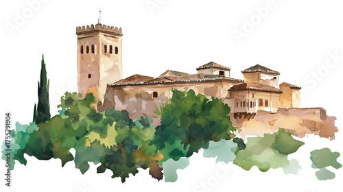 Watercolor painting of a medieval castle with surrounding lush watercolor illutrastion transparent background
