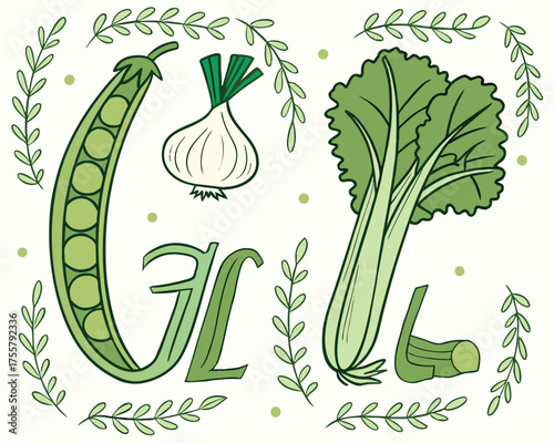 Illustration of fresh vegetables spelling out the word gill