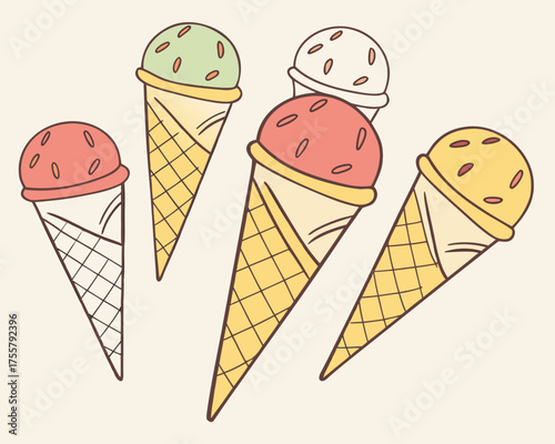 Illustration of various ice cream cones with different flavors and toppings