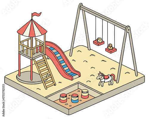 Playground scene with slide, swing, sandbox, and toy horse