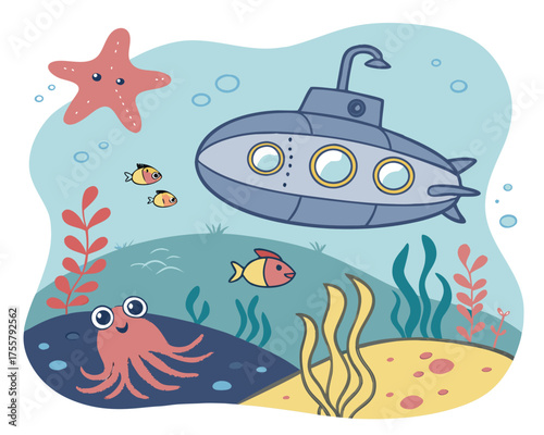 Underwater scene featuring a submarine, starfish, octopus, and fish cartoon