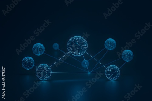 Interconnected spheres with circuit surfaces and radiant links—symbolizing neural networks, AI systems, and blockchain connectivity in a sleek digital mesh.