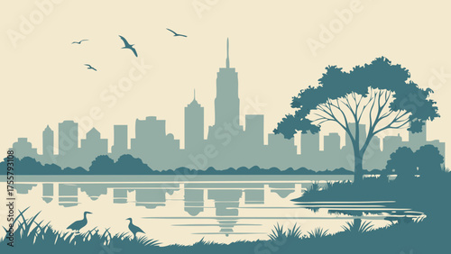 Toronto skyline with serene atmosphere, herons, and lakeside. Perfect for travel brochures, city guides, or environmental posters.