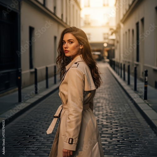  A young woman walking in a narrow Paris street, cobblestones, golden hour light, wearing a beige trench coat, long wavy brown hair