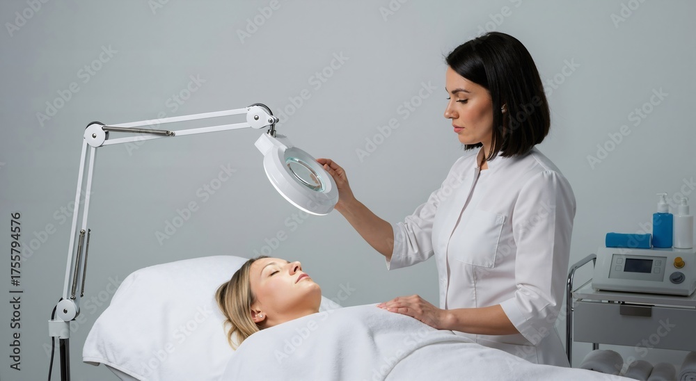 Obraz premium Woman esthetician examining a woman client's face with a magnifying lamp. Skin care and beauty treatment in a modern salon.