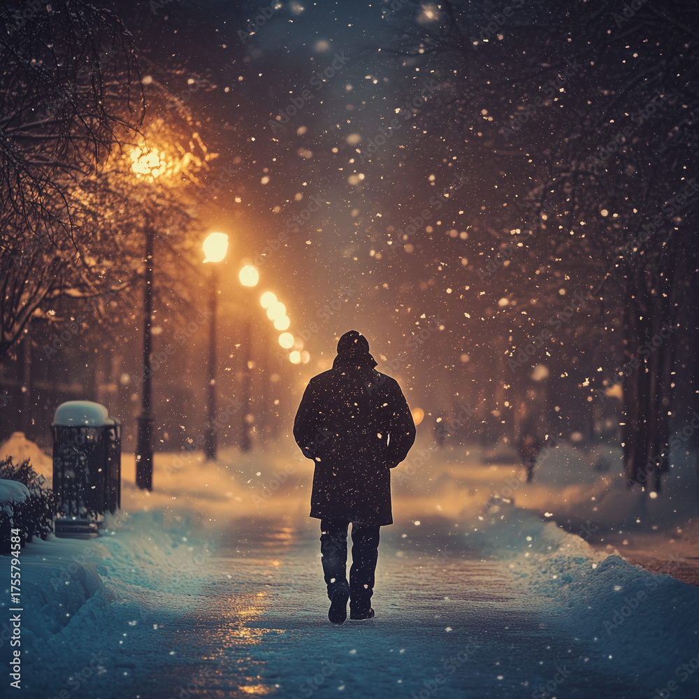 Obraz premium Man walking alone in snow at night with streetlights glowing 