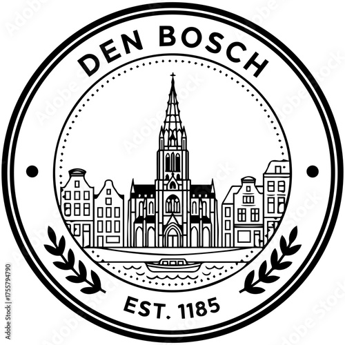 Den Bosch Emblem Featuring Gothic Cathedral, Dutch Buildings, and Canal Boat
