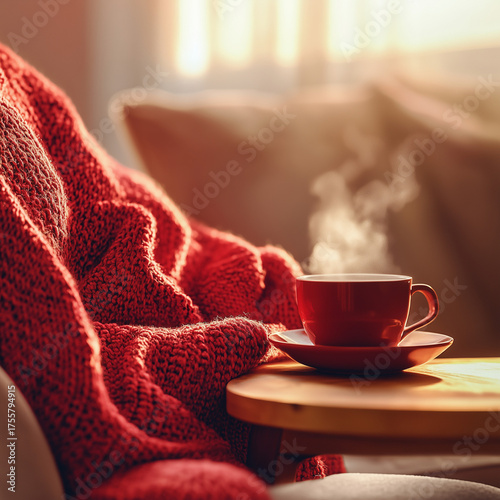 Cozy red blanket with steaming cup on wooden table indoors  