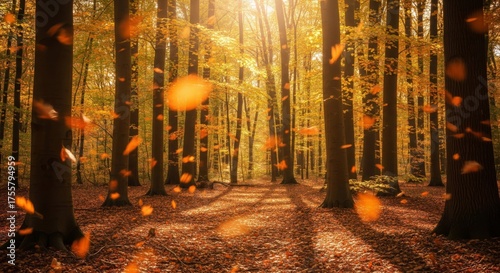 Autumn Forest with Falling Leaves and Sunlight Bursting Through Trees