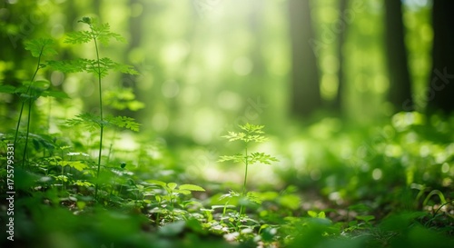 Bright Green Forest Floor with Lush Foliage and Sunlight