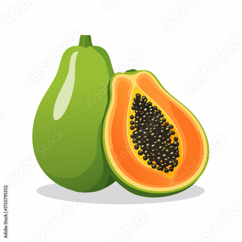 Illustration of a whole green papaya and a halved papaya with seeds.