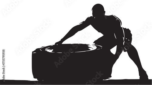 Silhouette of Athlete Flipping Heavy Tire in Strength Training Pose