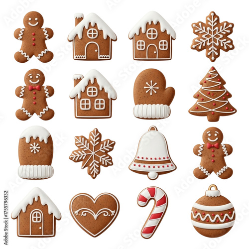 Collection of christmas gingerbread cookies in various festive shapes isolated on transparent background