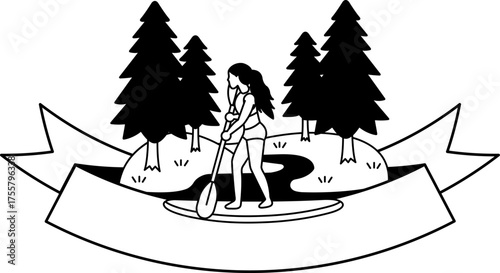 logotype of A woman is paddling a surfboard in a forest