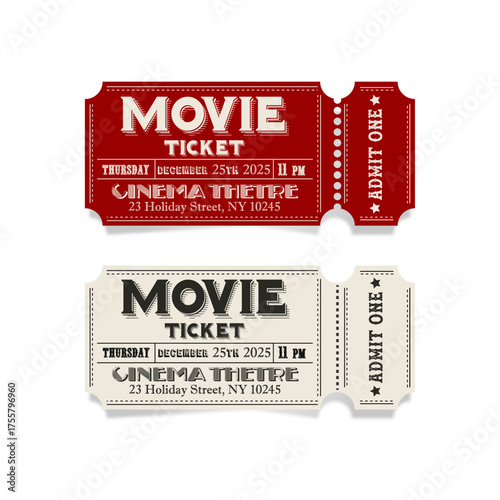 Ticket vector illustration set of admit one tickets or cinema tickets with ribbon, arrow, and label elements for web design, business icon, or sale infographic template