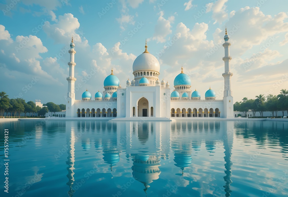 Obraz premium Magnificent white mosque with large blue domes reflecting on tranquil water surface under cloudy sky