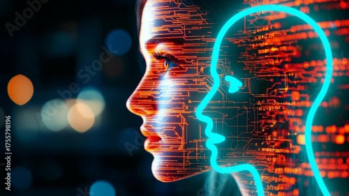 Double exposure of human face silhouette with glowing AI digital profile overlay, artificial intelligence, technology, machine learning, human-computer interaction, innovation, futuristic cyber.