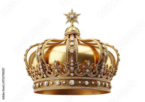 Illustration of an ornate, luxurious golden crown adorned with numerous sparkling diamonds and precious gems, symbolizing royalty, power, and wealth on transparent background
