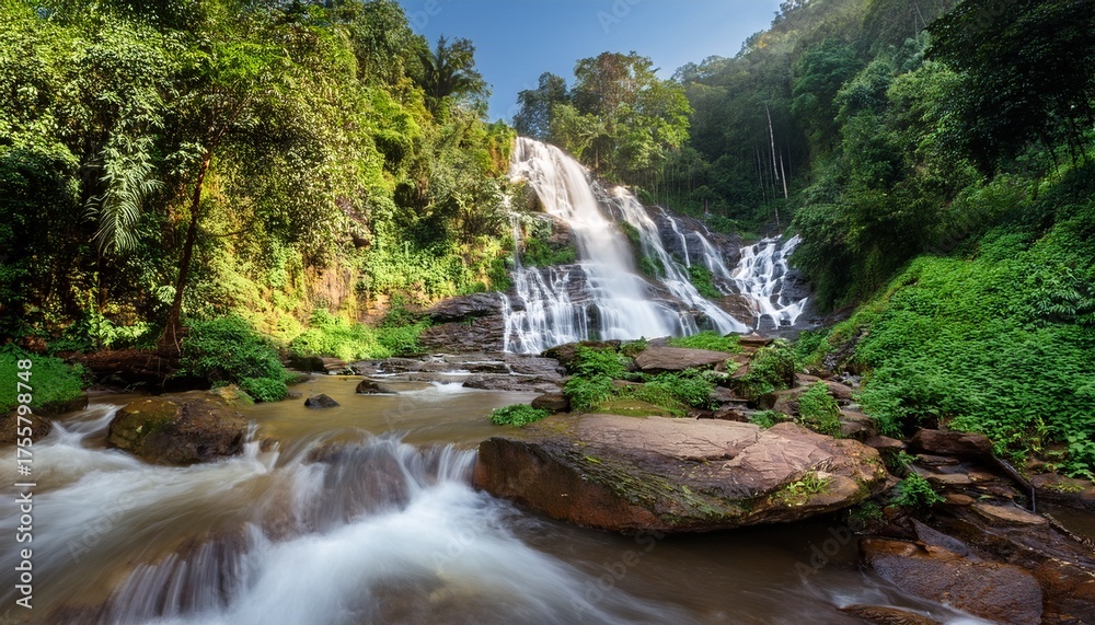 Naklejka premium Serene Waterfall Scene Surrounded By Lush Greenery In Chiang Mai