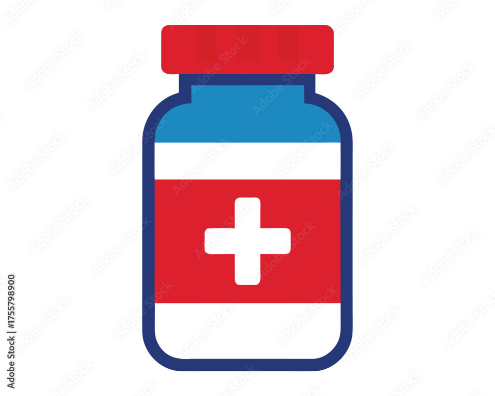 Fototapeta premium Medical pills bottle icon with red and blue design and cross symbol