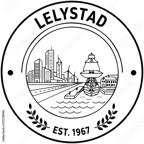 Lelystad Emblem Featuring Wind Turbines, Modern Skyline, and Historic Ship