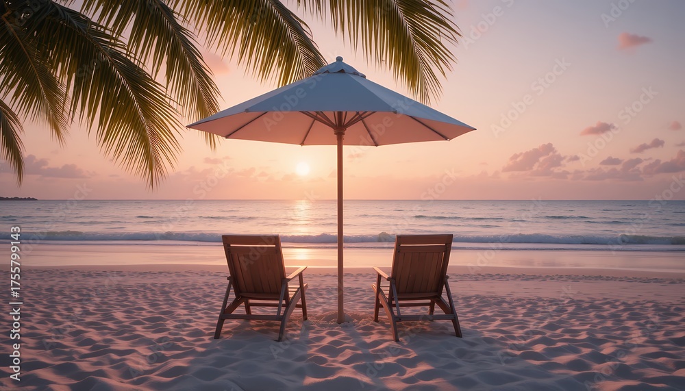 Obraz premium Relaxing sunset on a serene tropical beach with empty chairs and umbrella near calm ocean