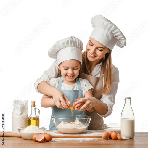 Mother and daughter wearing chef hats happily baking together in the kitchen isolated on transparent background