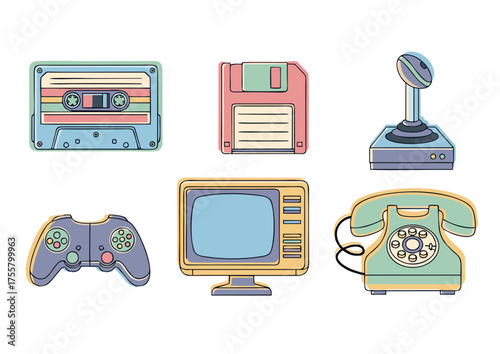 Artistic Outline Retro Entertainment Element Illustration with Cassette, Disk and Joystick