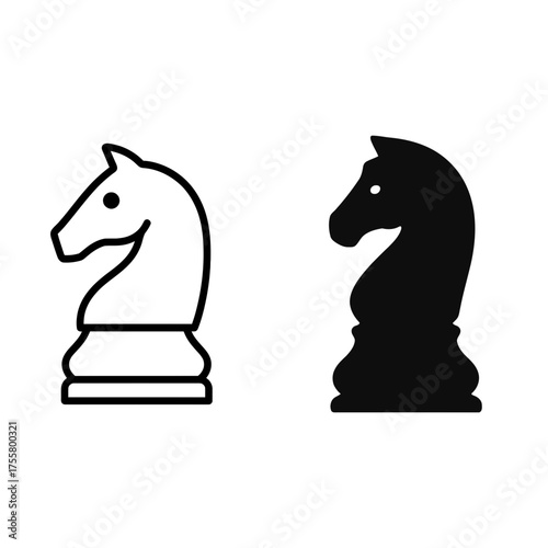 Black and white chess knight icons, outline and solid silhouette on white