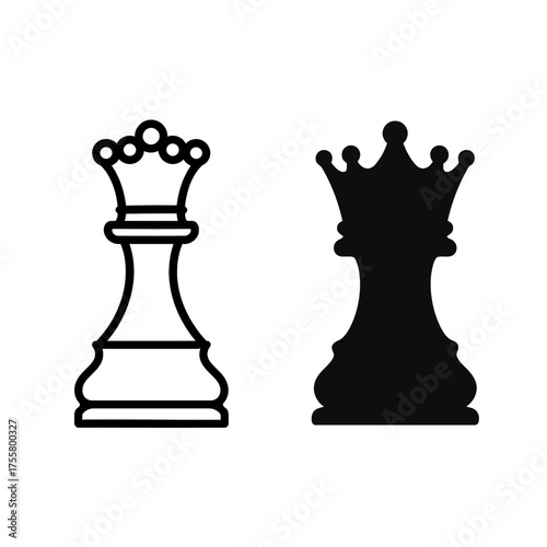 Black and white chess queen icons, outline and solid silhouette on white