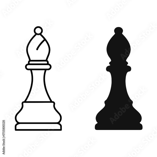 Black and white chess bishop icons, outline and solid silhouette on white