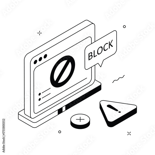 Modern isometric illustration of blocked website access showing restriction warning.