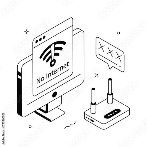 Isometric illustration showing no internet connection and offline mode error page.