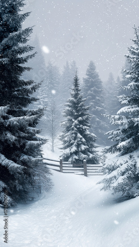 Soft snow falls gently on a peaceful winter scene with tall evergreen trees lining a snowy trail Generative AI